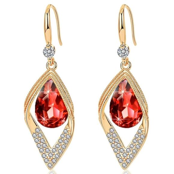 14K Yellow Gold with Ruby Red Austrian Crystal Halo Leaf Teardrop Hook Earrings - Picture 1 of 7